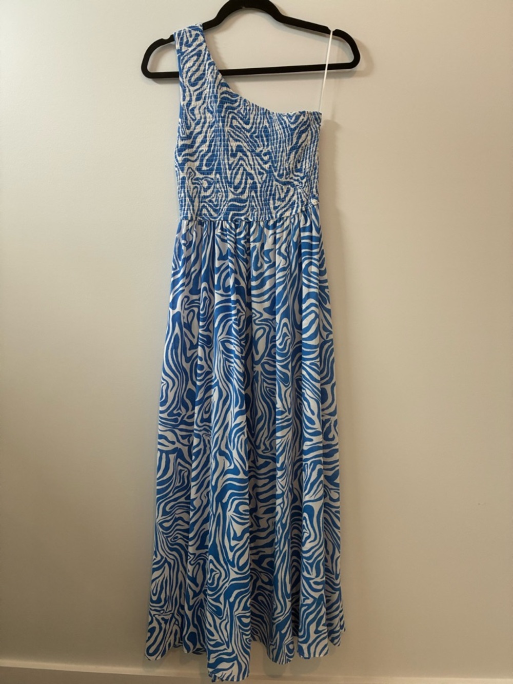 Aakaa Blue and White Smocked Zebra-Print Dress